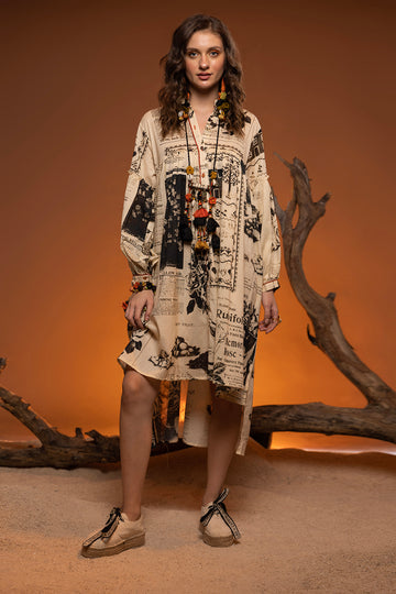 Alder Printed Hi Low Paper Print Band Collar Flare Dress
