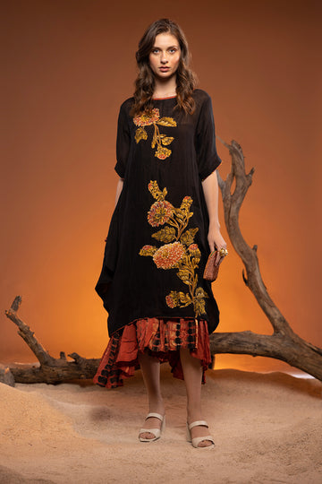Godiva Boho Linen Tunic Dress With Patchwork Embroidery