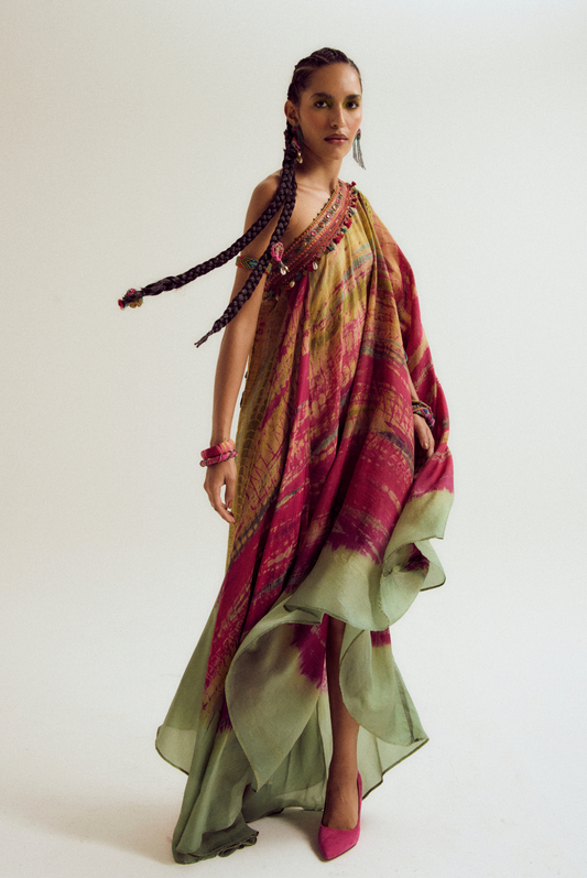 Heather off shoulder tie dye dress - fuchsia/ sage