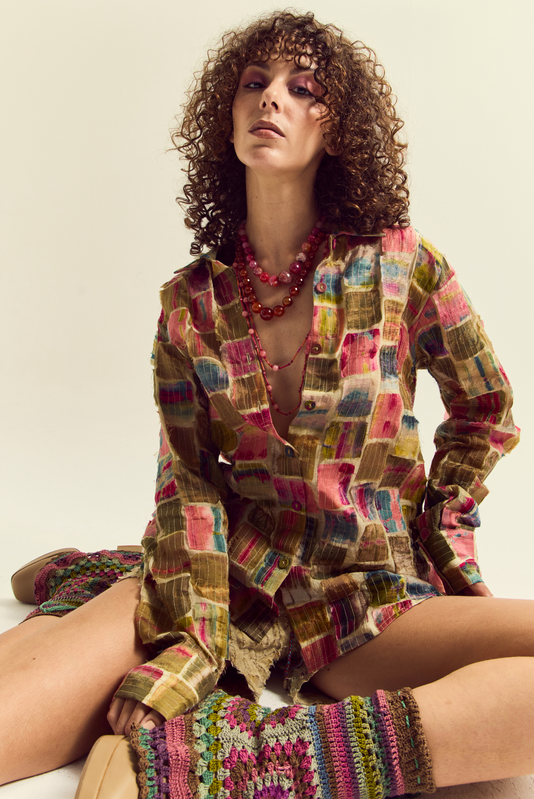 Cosmos patchwork shirt- ecru