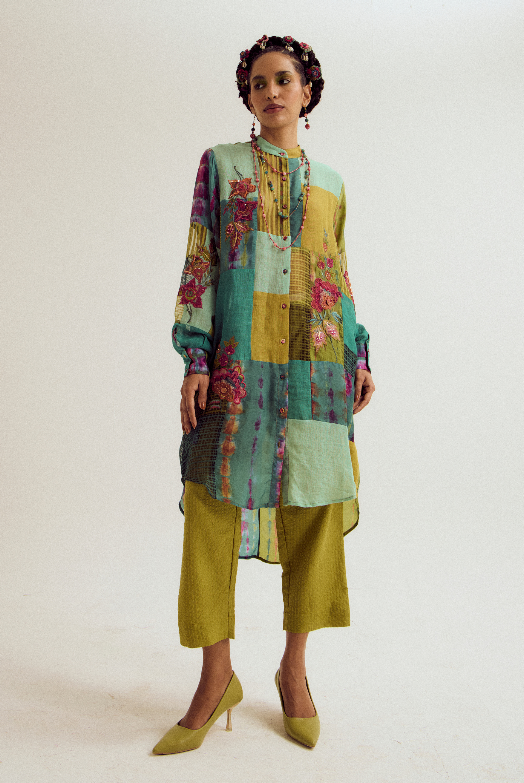 Shrub rose patchwork coord set- turq/green