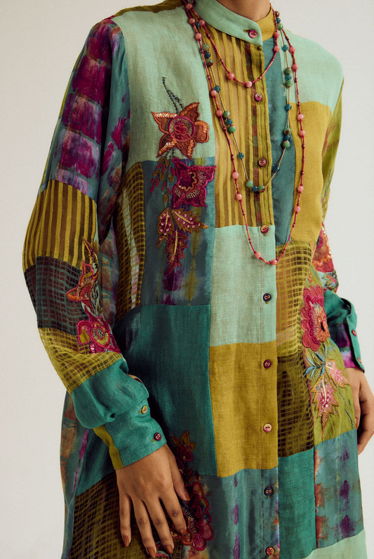 Shrub rose patchwork coord set- turq/green