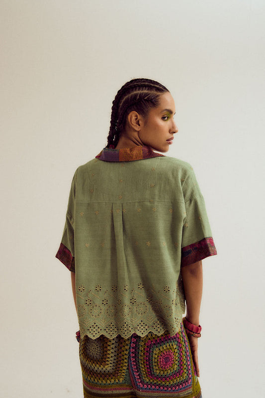 Hibiscus cutwork shirt- sage