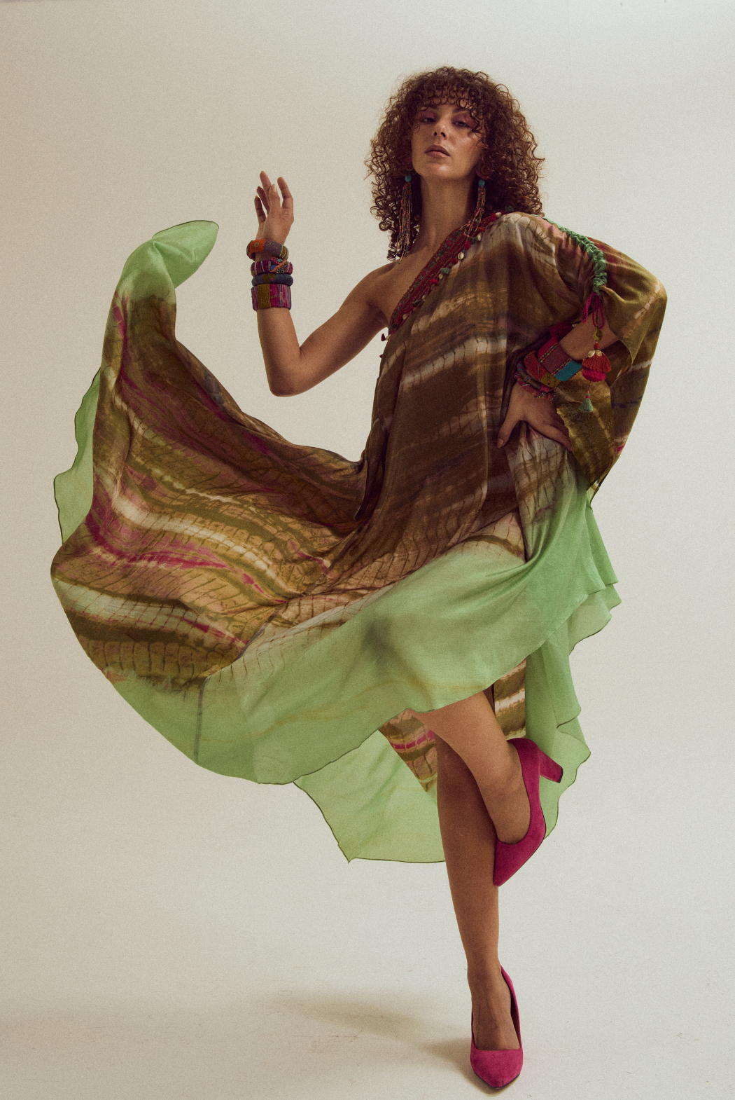 Heather off shoulder tie dye dress - olive/sage