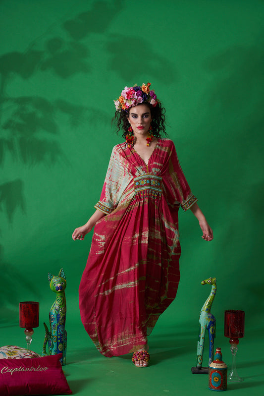 Cleopi Tie Dye Kaftan Fuchsia/Green