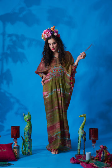 Green-clopi Pleated Tie Dye Kaftan With Embroidery
